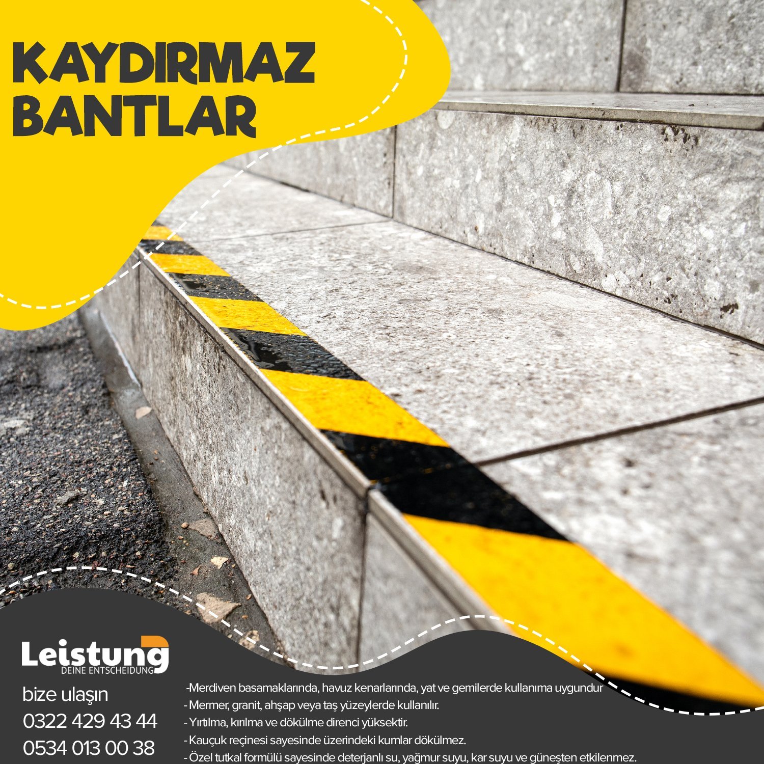 Leistung 50mmx15m Kaydırmaz Bant Sarı-Siyah